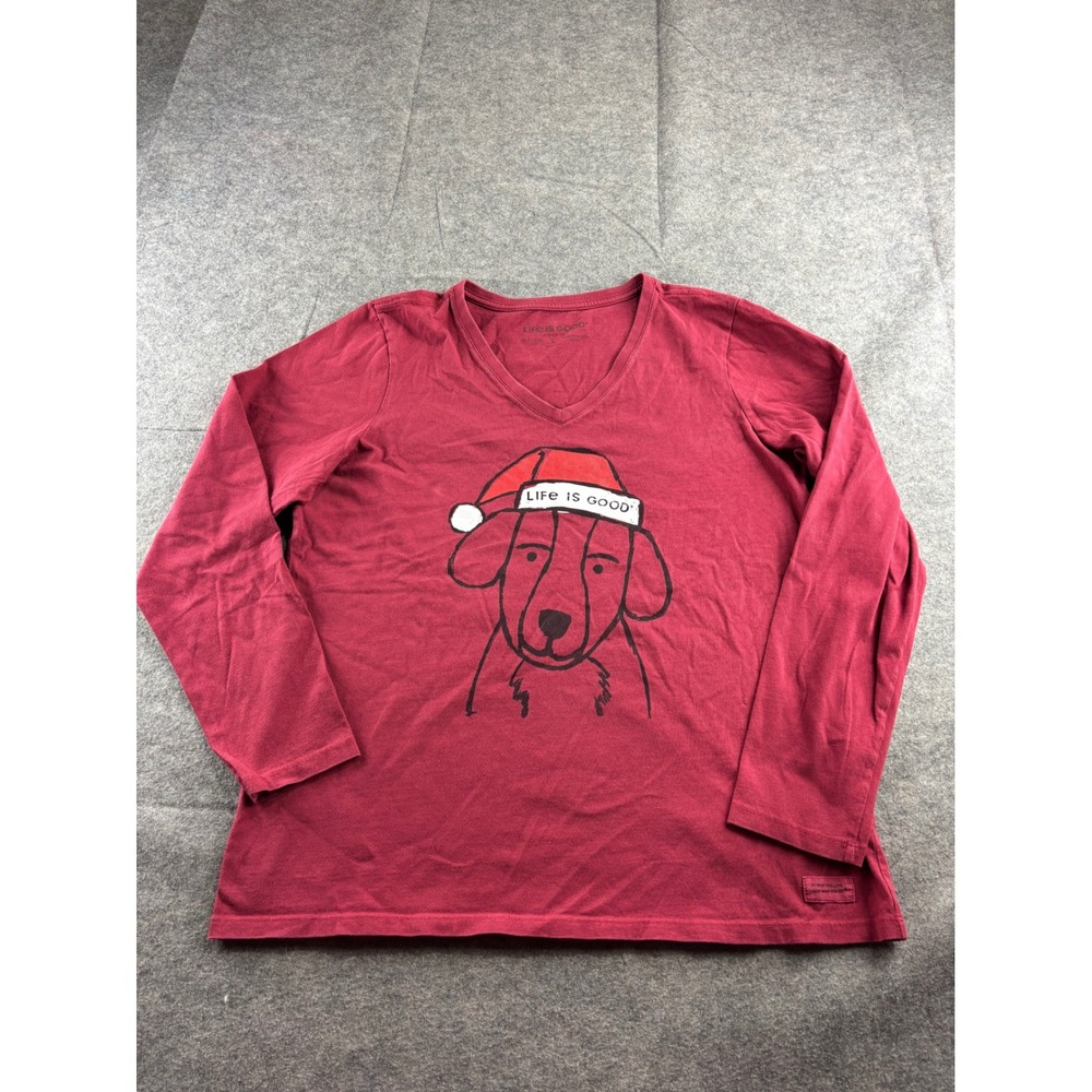 Life is Good Womens L Crusher Tee Long Sleeve V-Neck Christmas Santa Dog Red